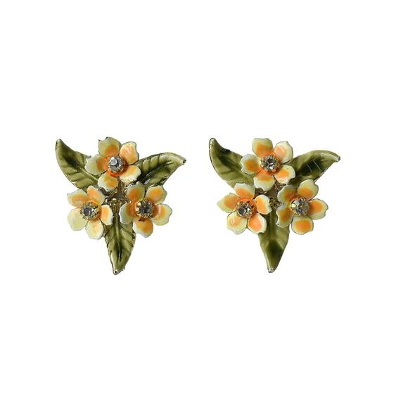 1950s Coro Gold Plate Peach Enamel & Rhinestone Flower Screw Back Earrings - Picture 1 of 4